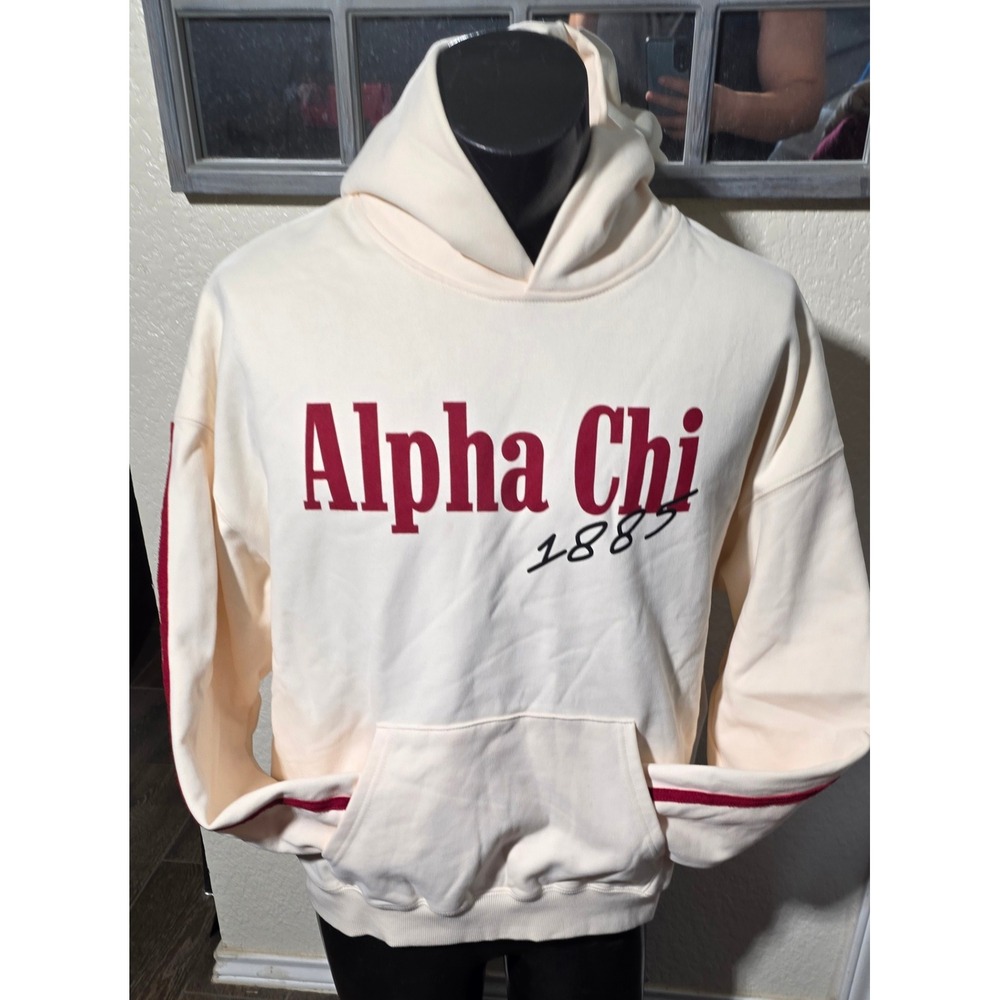 Fresh Prints Alpha Chi 1885 Sorority Hoodie Cream Red Stripe Large Collegiate